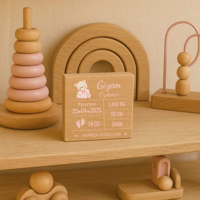 Kız Bebek Doğum Panosu – Doğal Ahşap, Kişiye Özel image 1