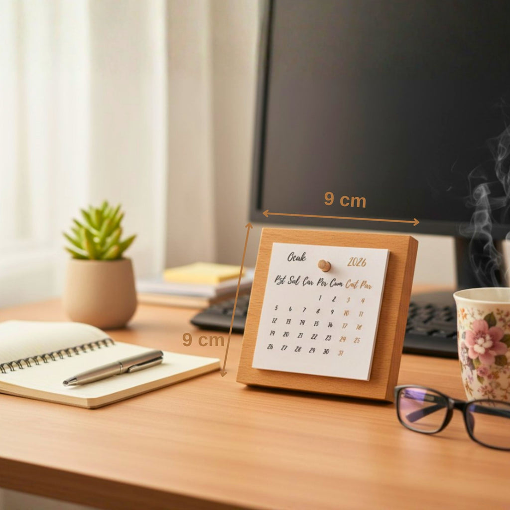 Minimal Ahşap Masa Takvimi – Doğal Kayın Standlı Takvim