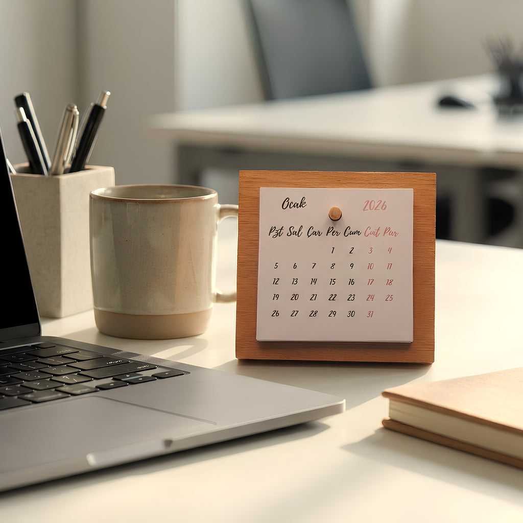 Minimal Ahşap Masa Takvimi – Doğal Kayın Standlı Takvim