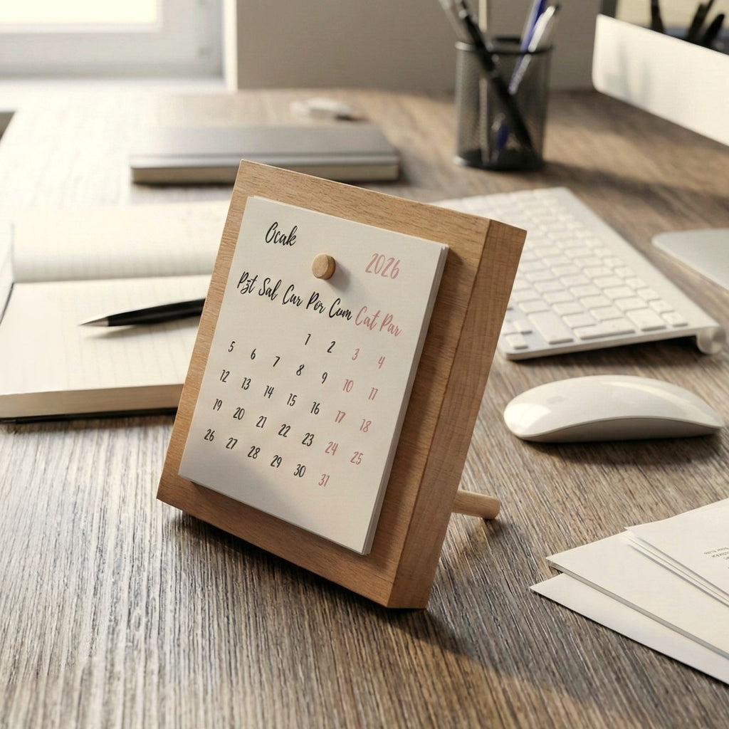 Minimal Ahşap Masa Takvimi – Doğal Kayın Standlı Takvim