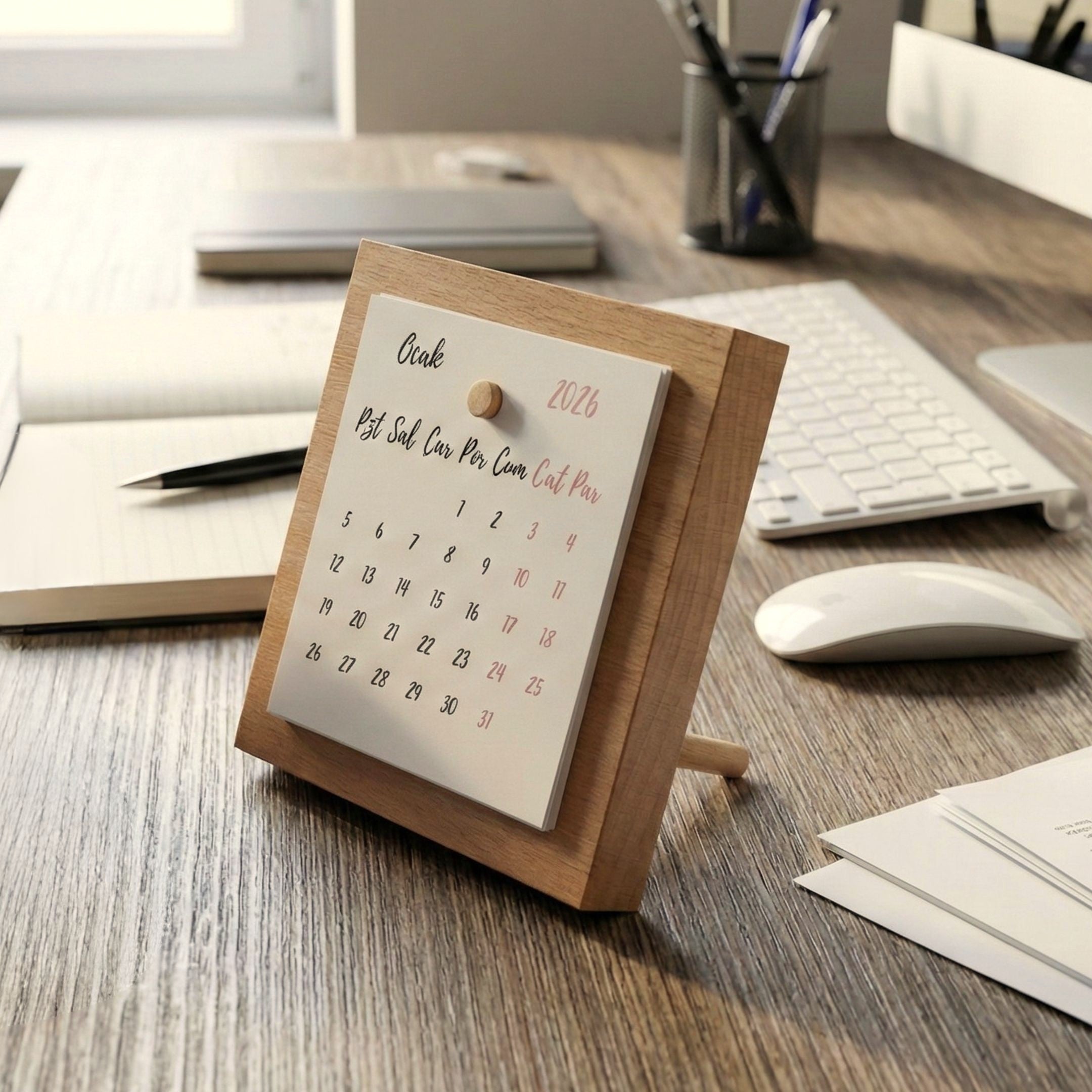 Minimal Ahşap Masa Takvimi – Doğal Kayın Standlı Takvim