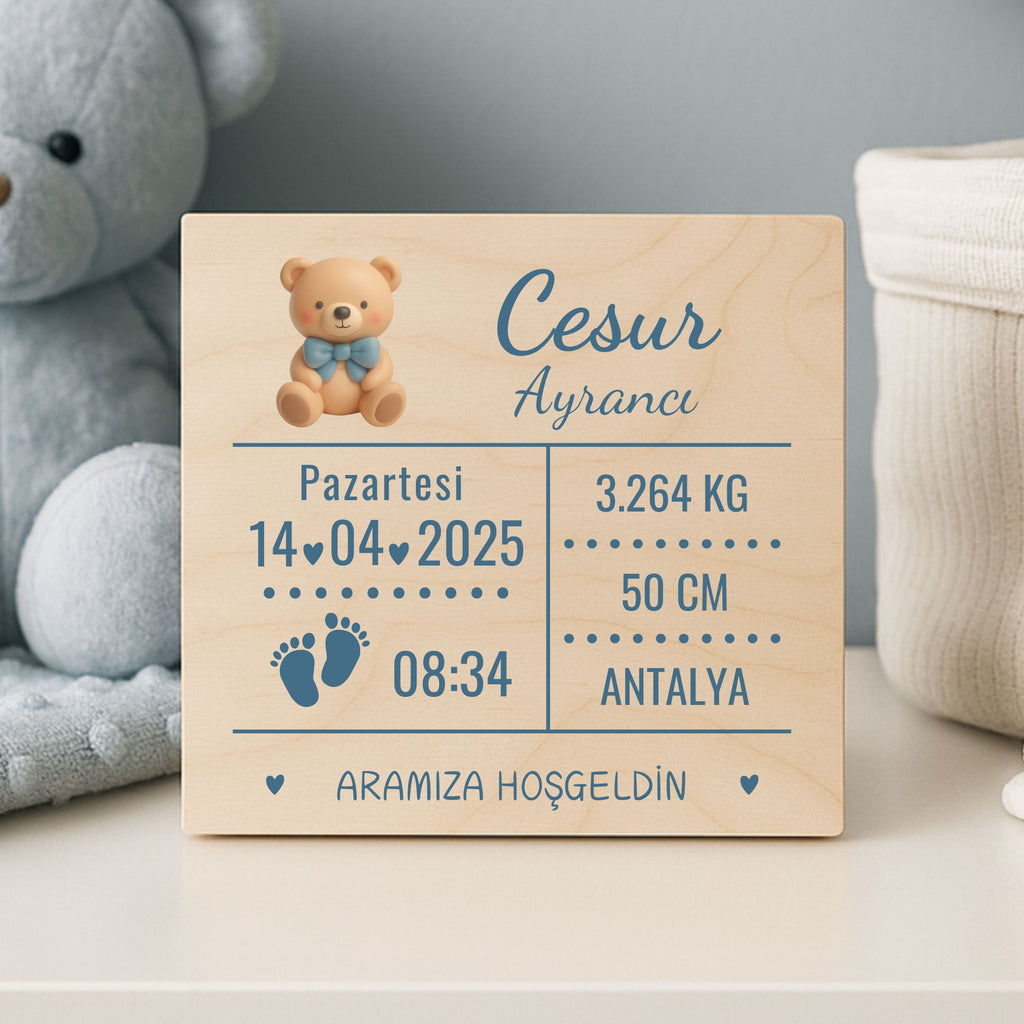 Erkek Bebek Doğum Panosu – Doğal Ahşap, Kişiye Özel
