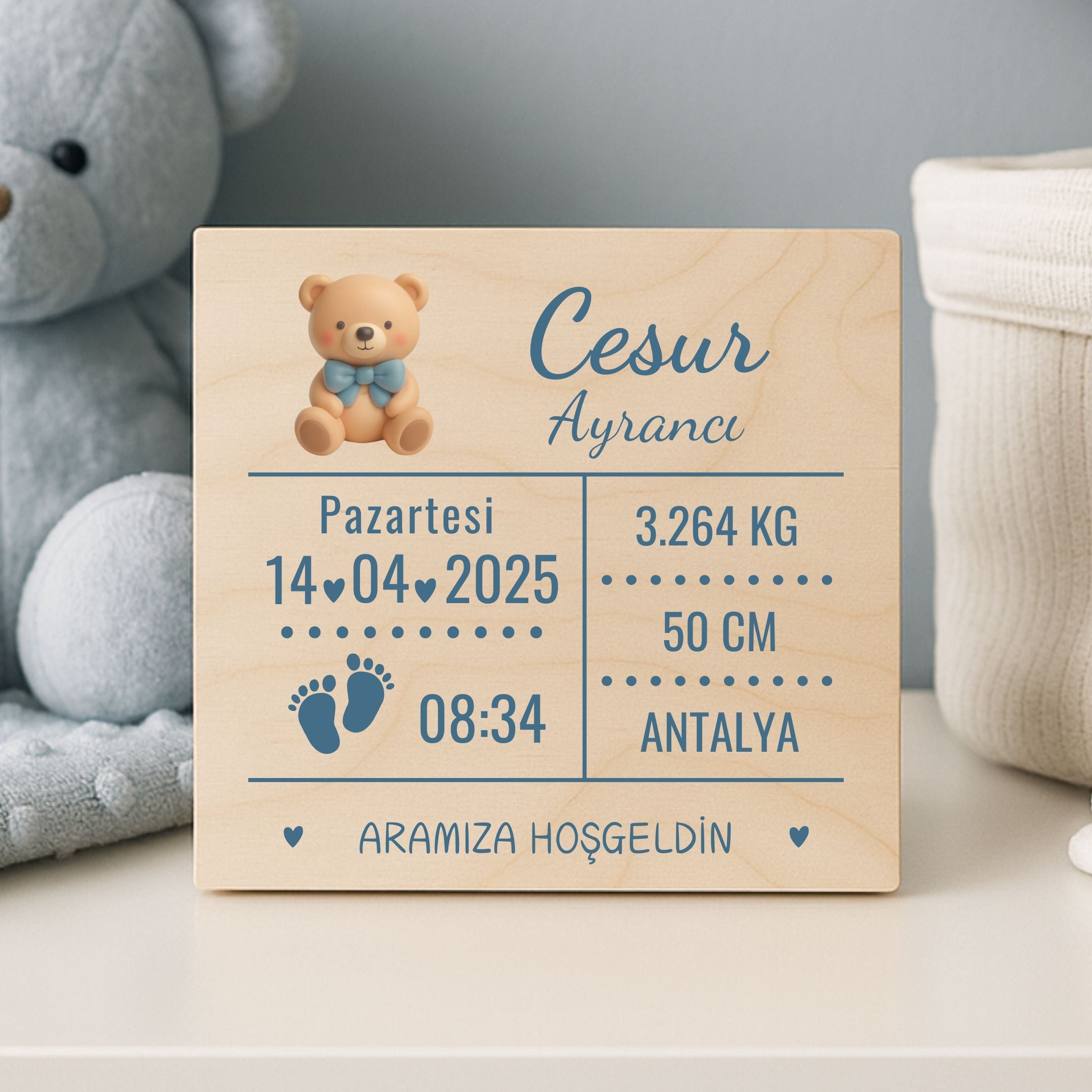 Erkek Bebek Doğum Panosu – Doğal Ahşap, Kişiye Özel