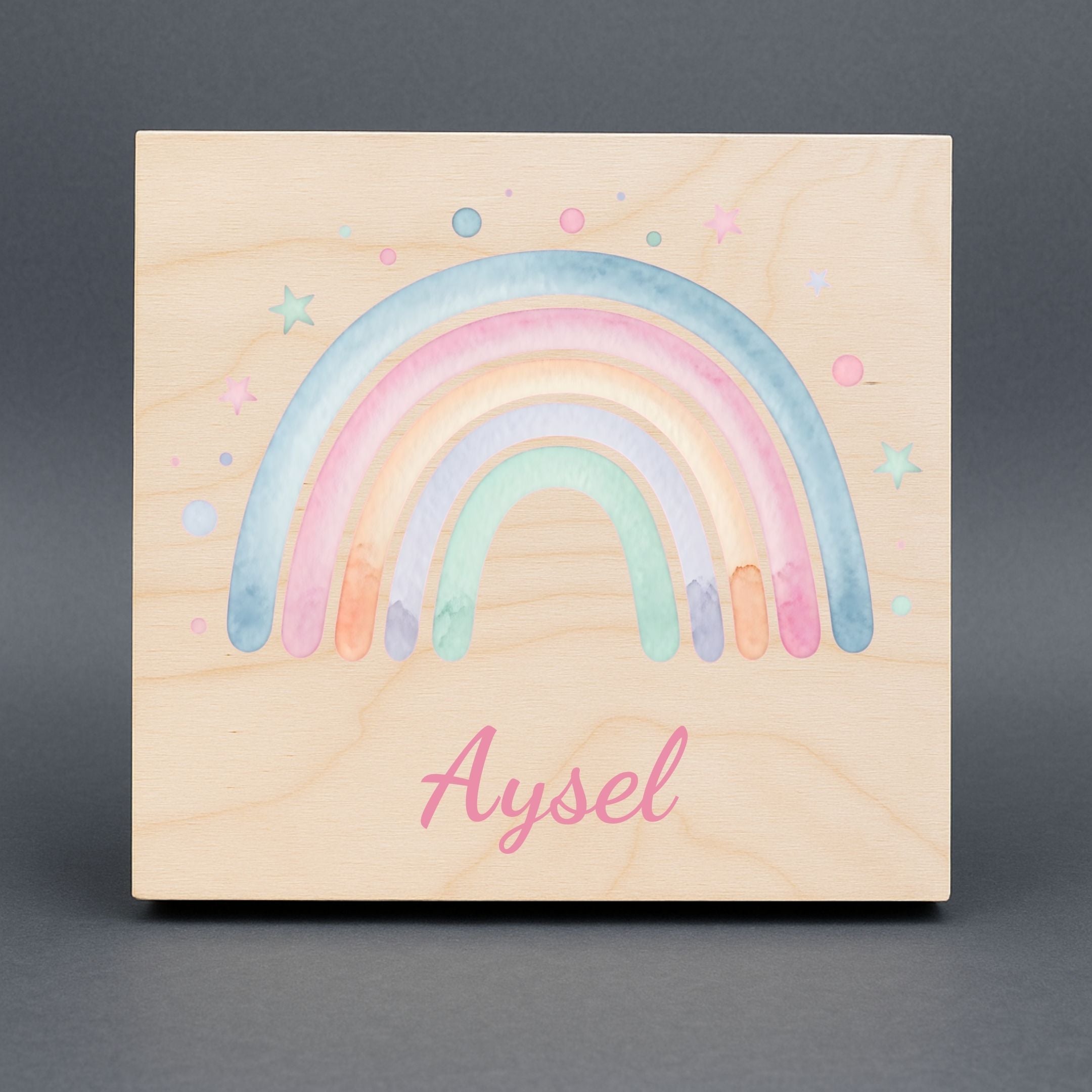 Pastel Gökkuşağı İsimli Pano – Kız Bebek Ahşap Oda Dekoru, Kişiye Özel