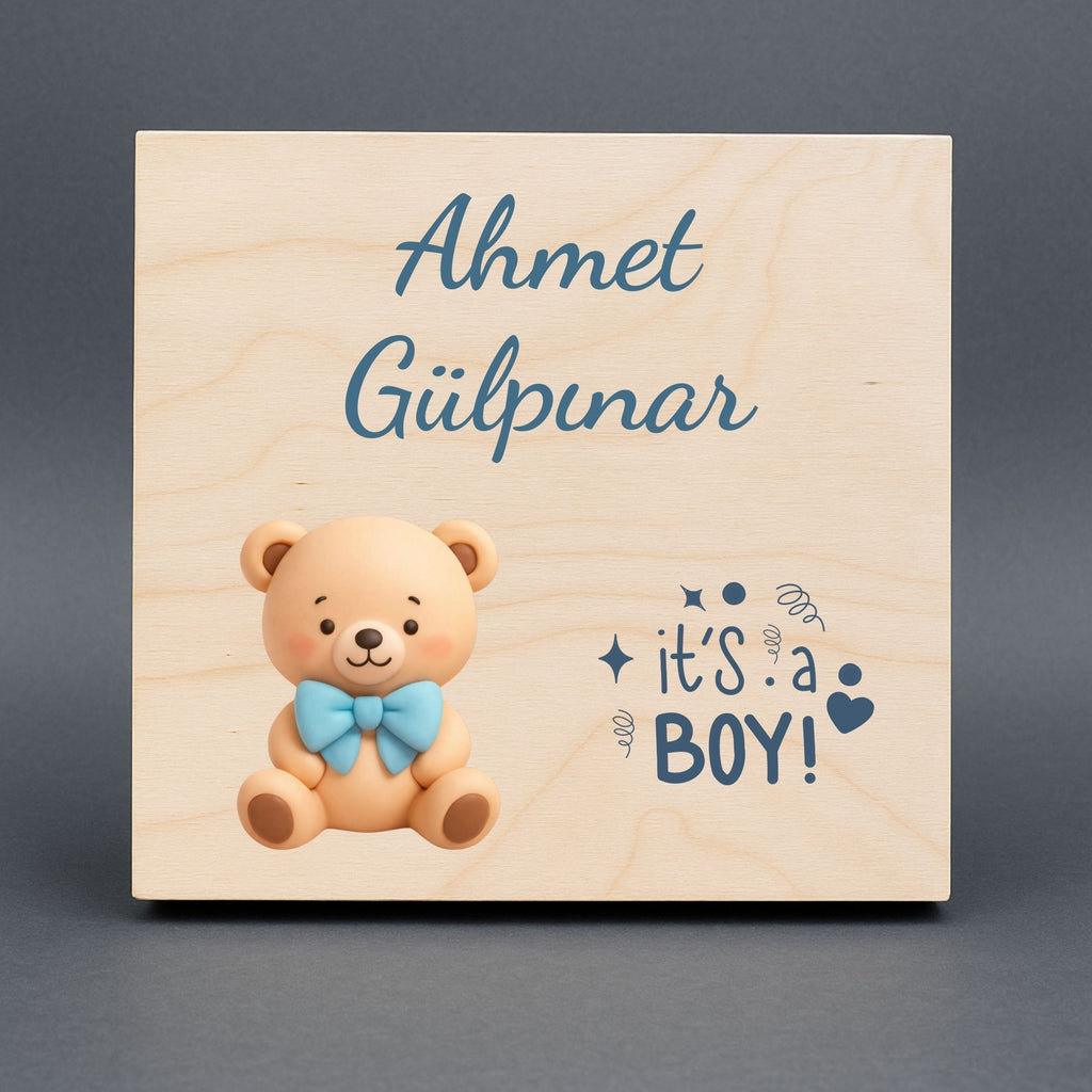 İsimli Ayıcık Pano – Erkek Bebek Ahşap Oda Dekoru, Kişiye Özel
